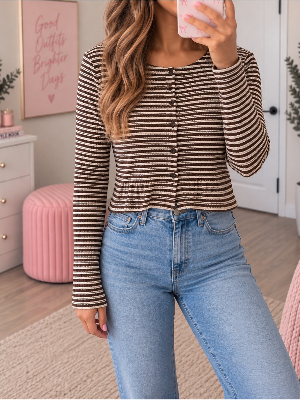Missguided Brown & Cream Striped Button Front Long Sleeve Top